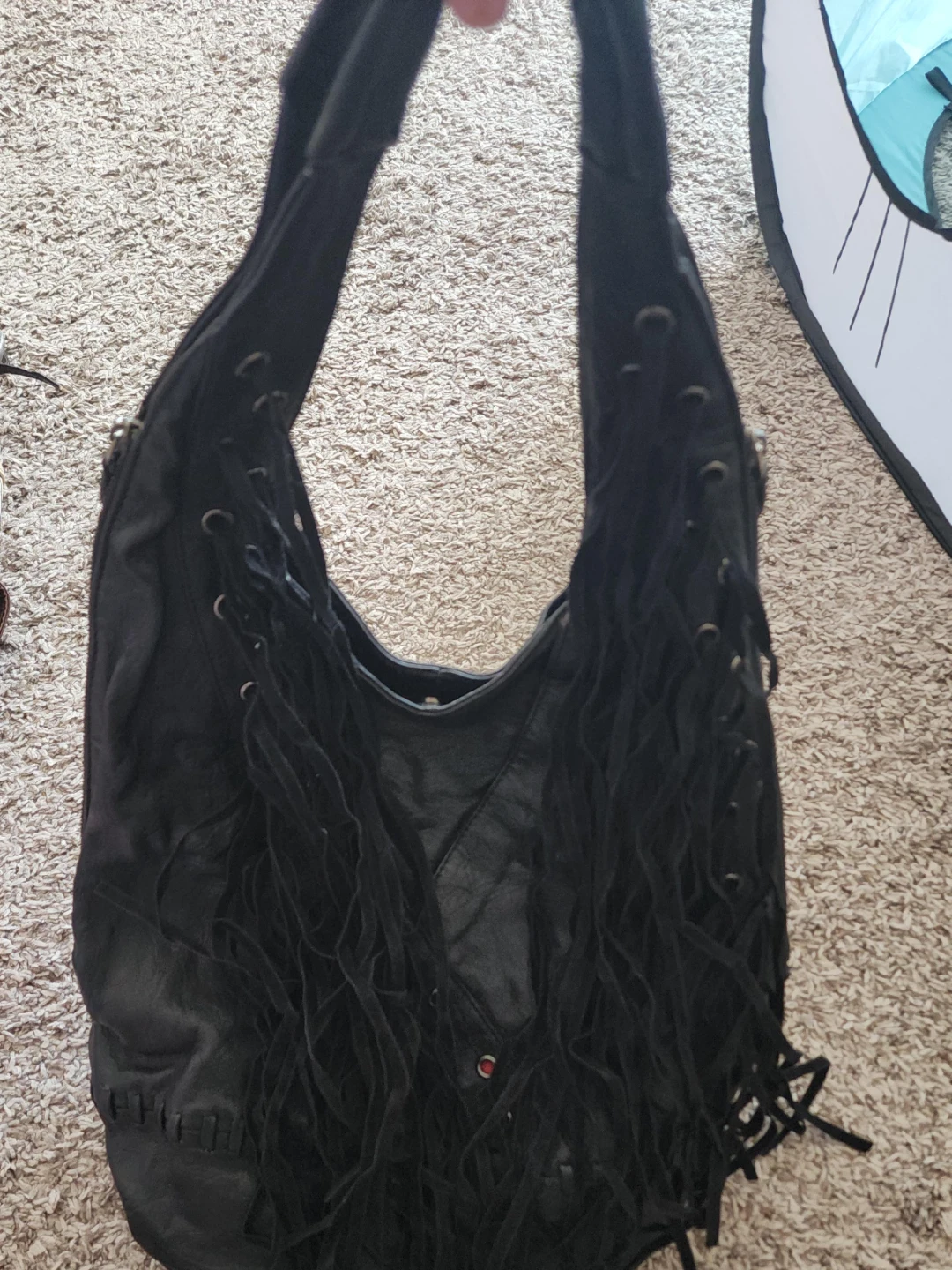 HIGH FASHION Black Leather Fringe Hobo Handbag