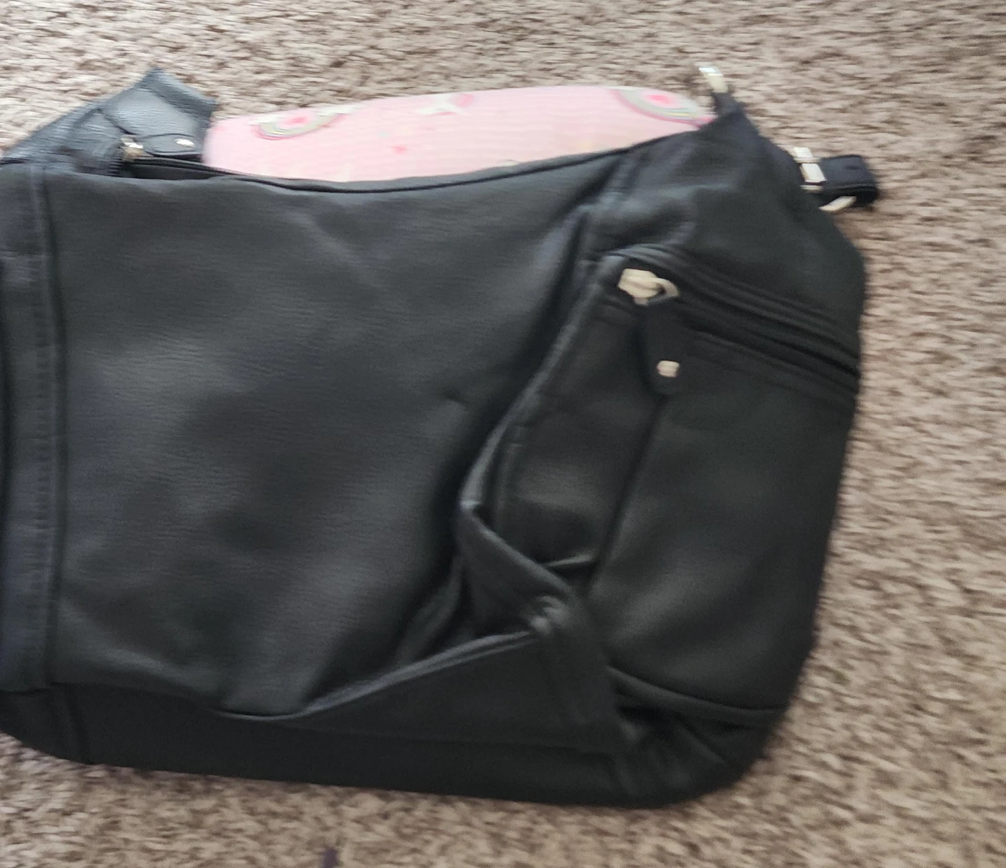 Black Faux Leather Shoulder Bag with Pockets