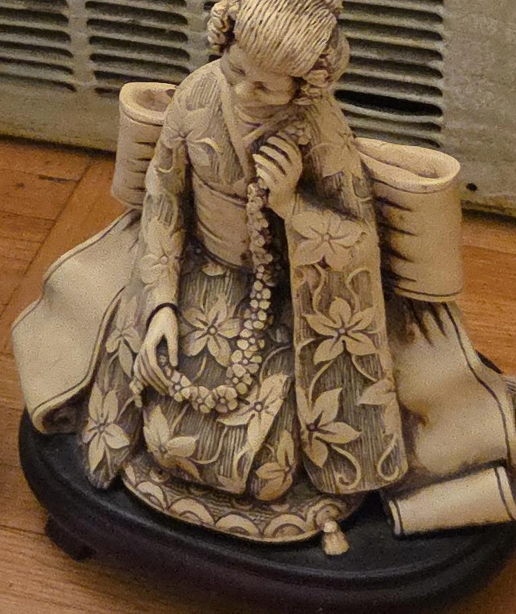 Carved Geisha Figurine with Beaded Necklace