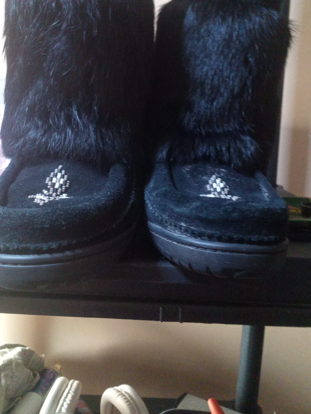 Black Suede Fur Lined Boots with Beading