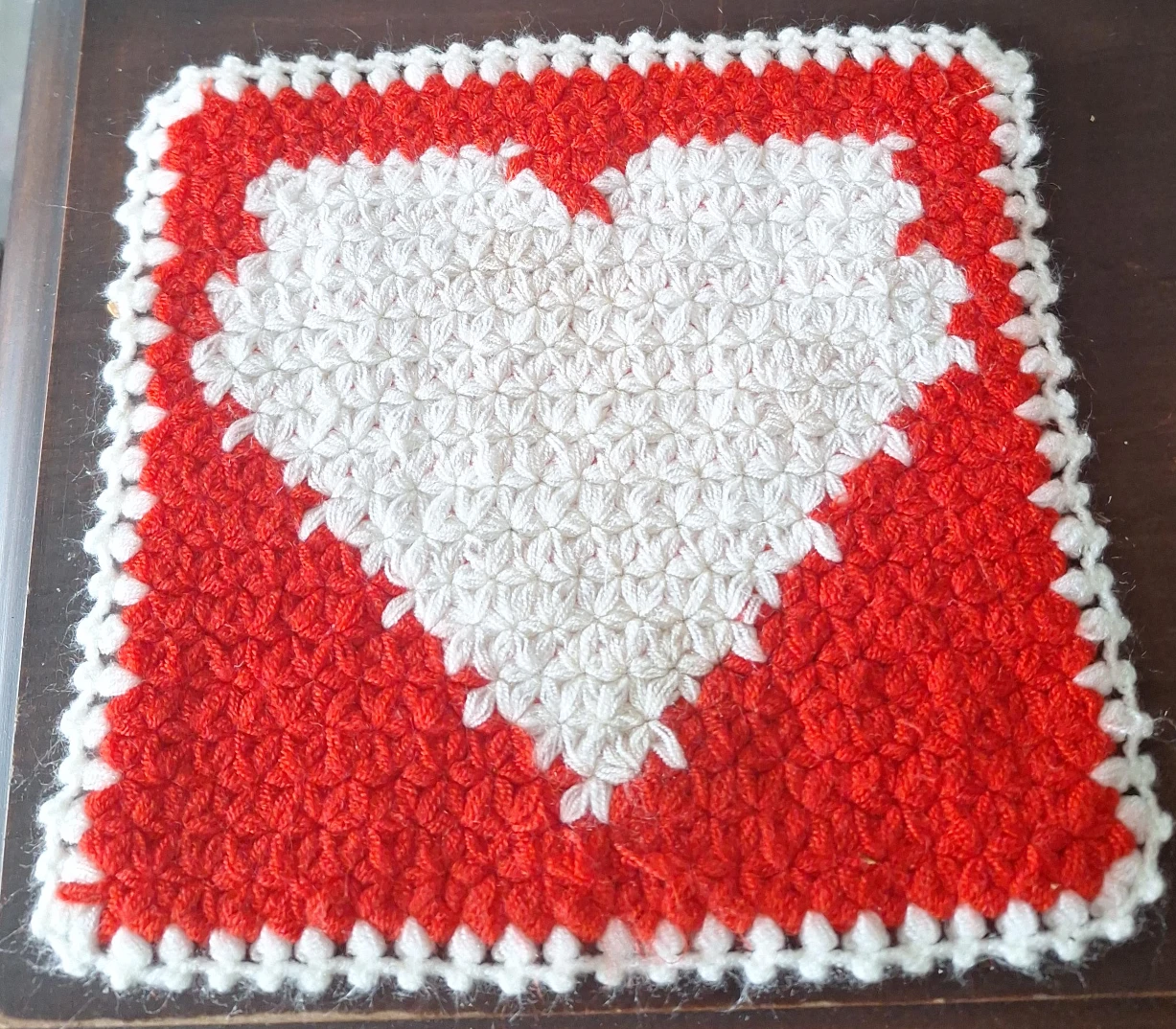 Handmade Crochet Heart Trivet/Coaster - Red and White