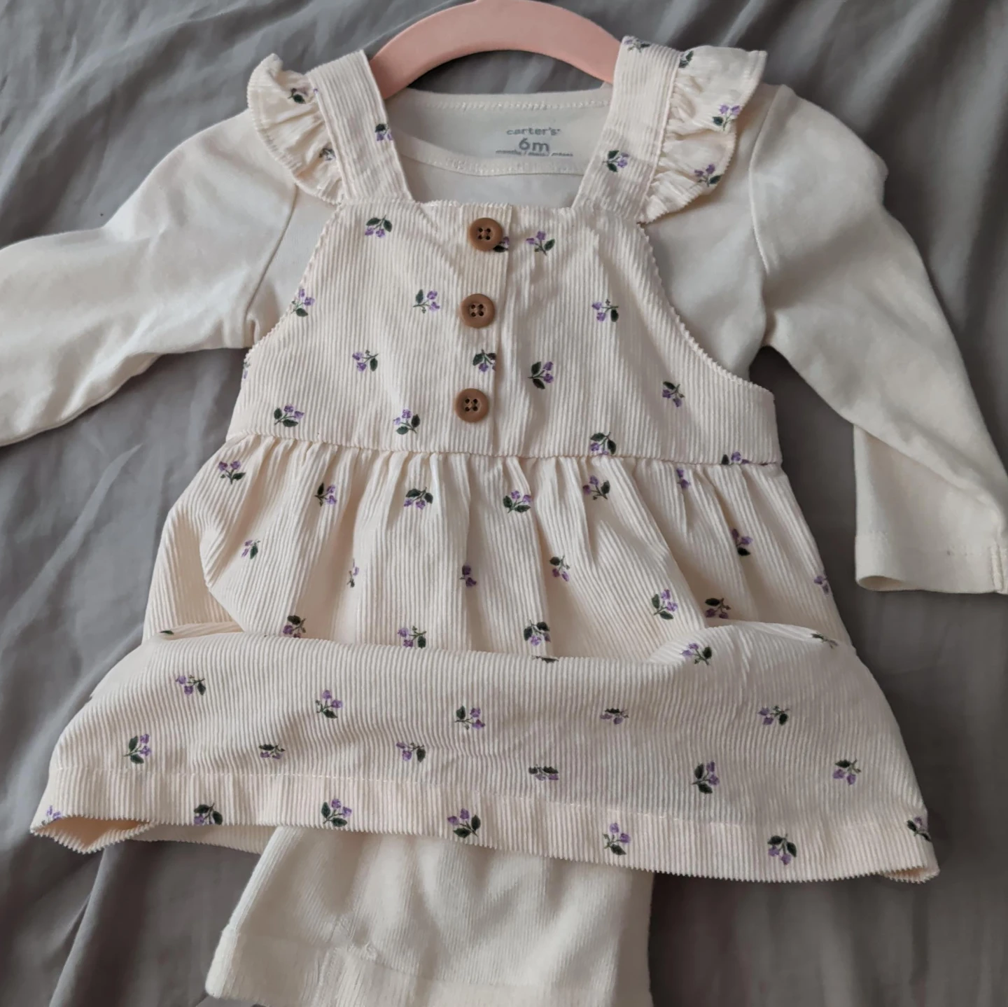 Cream Floral Corduroy Pinafore Dress & Leggings