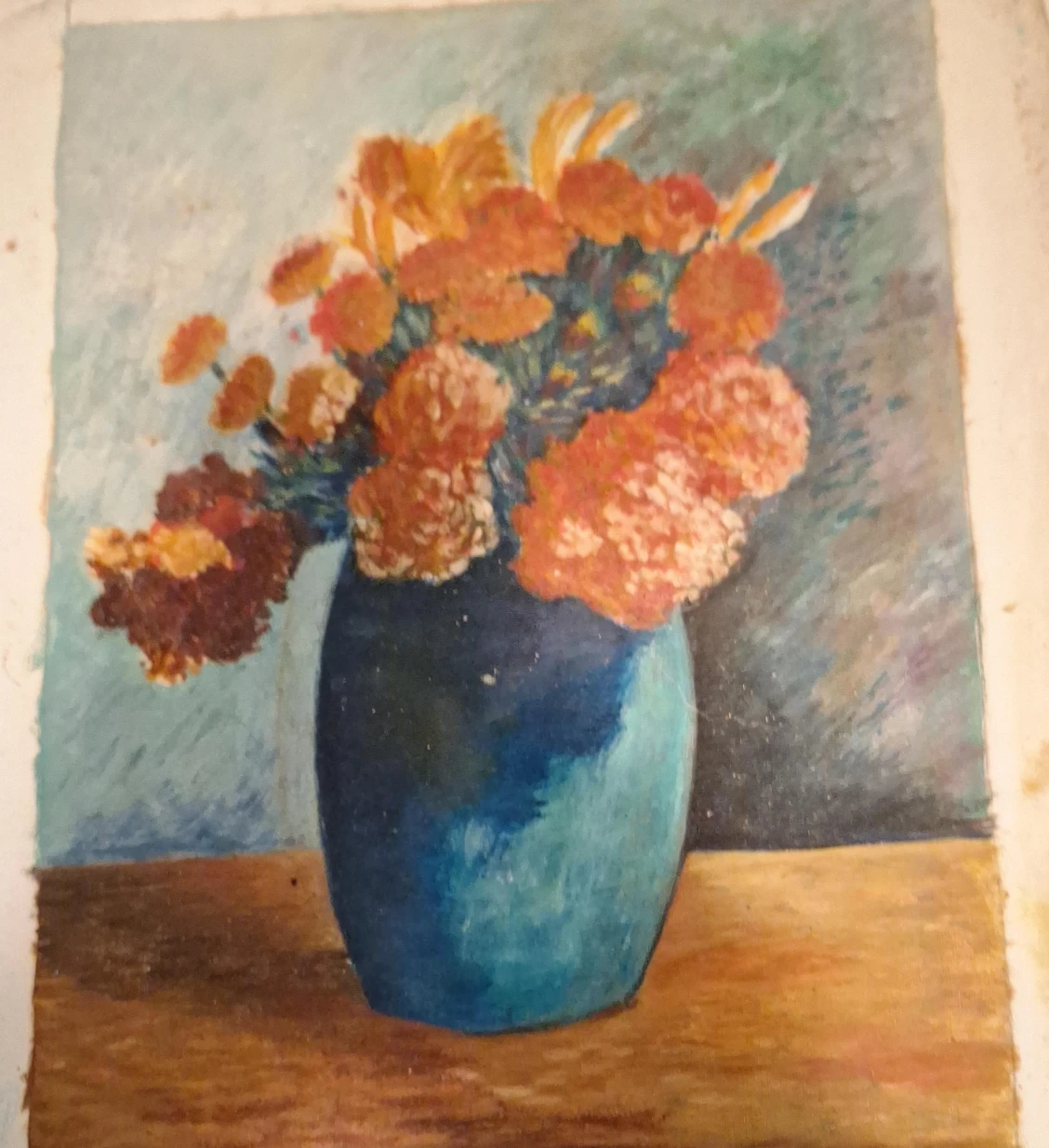 Oil Painting of Flowers in Blue Vase
