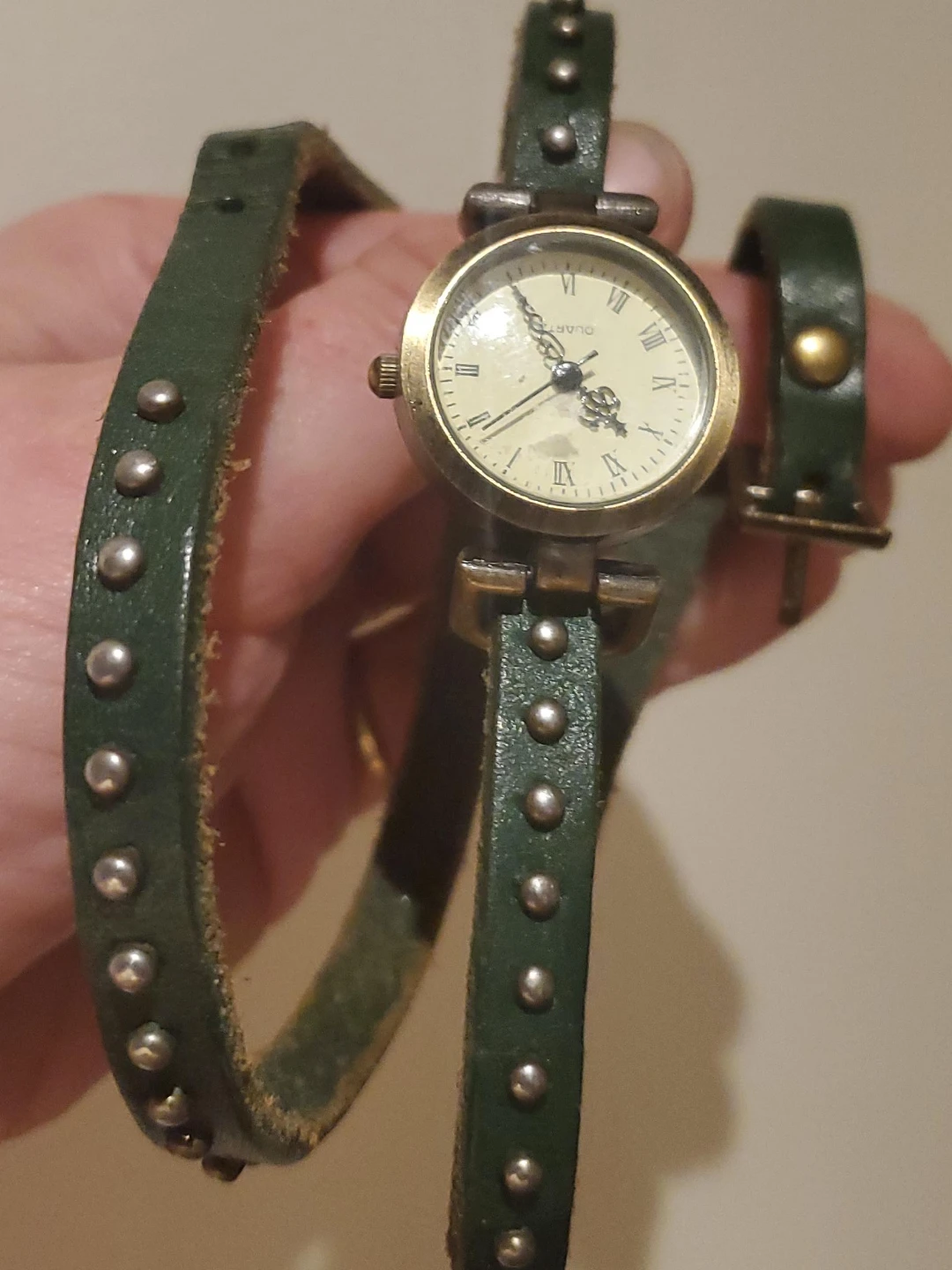Women's Green Studded Leather Wrap Watch
