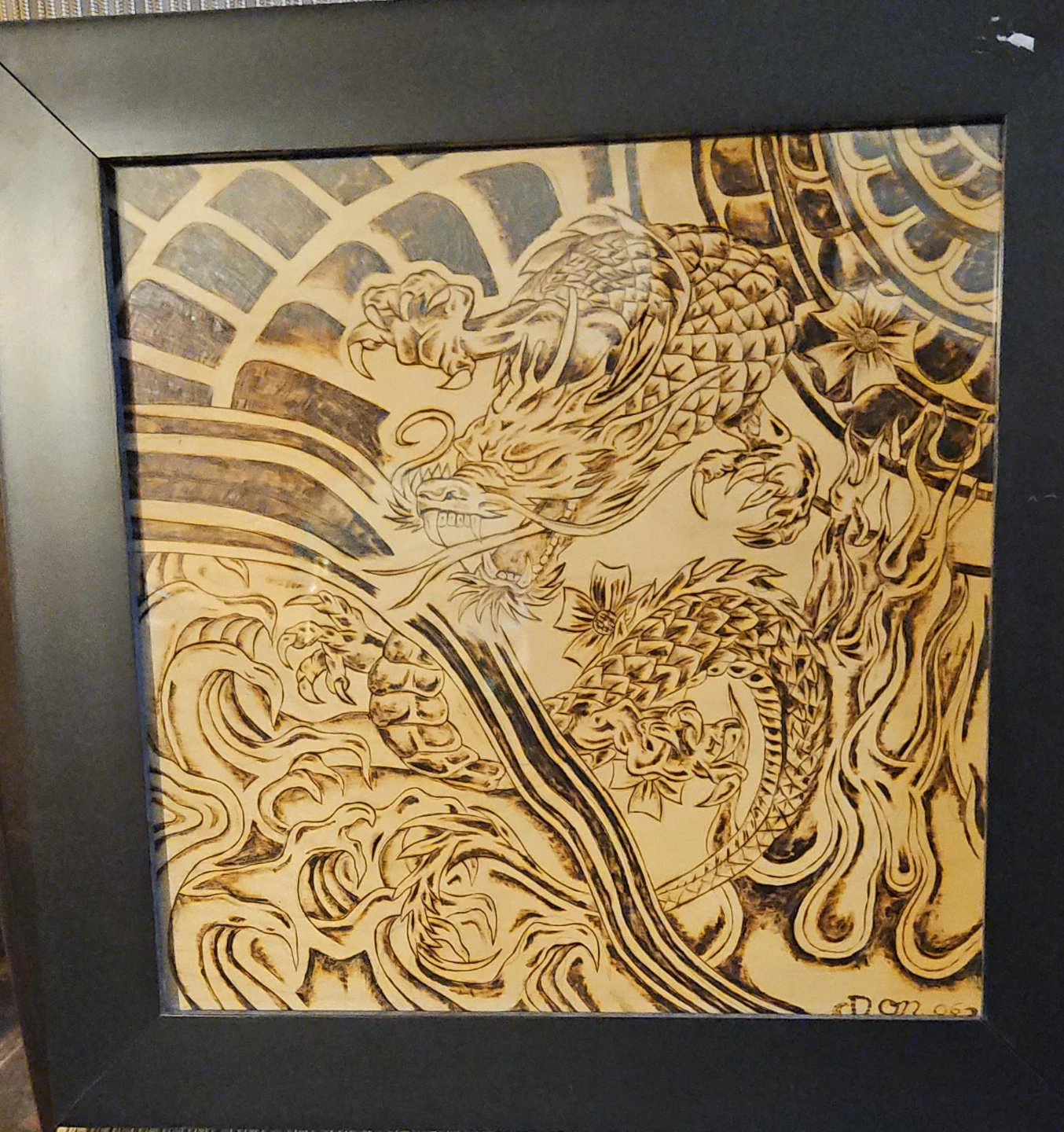 Framed Dragon Pyrography Art