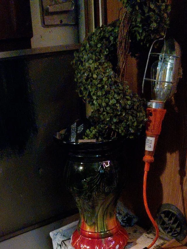 Decorative Faux Plant in Green and Red Vase with Work Lamp