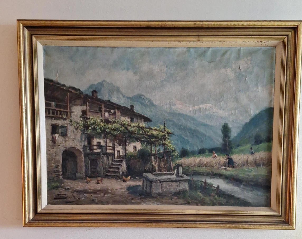 Framed Vintage Oil Painting of Alpine Farmhouse Scene
