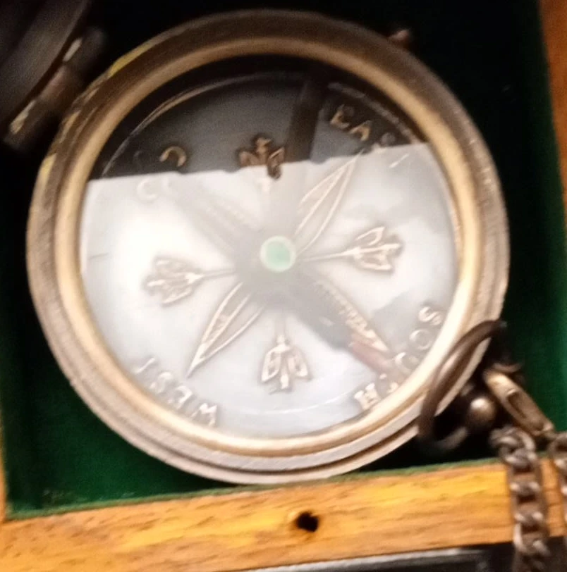 Vintage Brass Compass in Wooden Box with Chain
