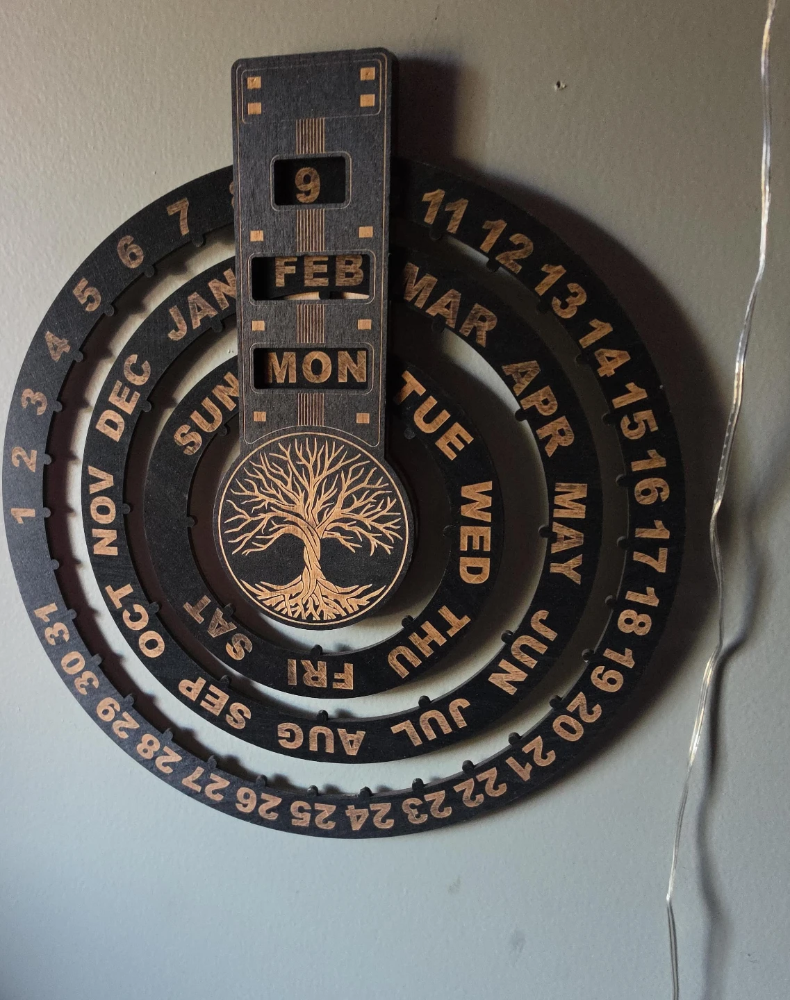Wooden Perpetual Calendar with Tree of Life Design