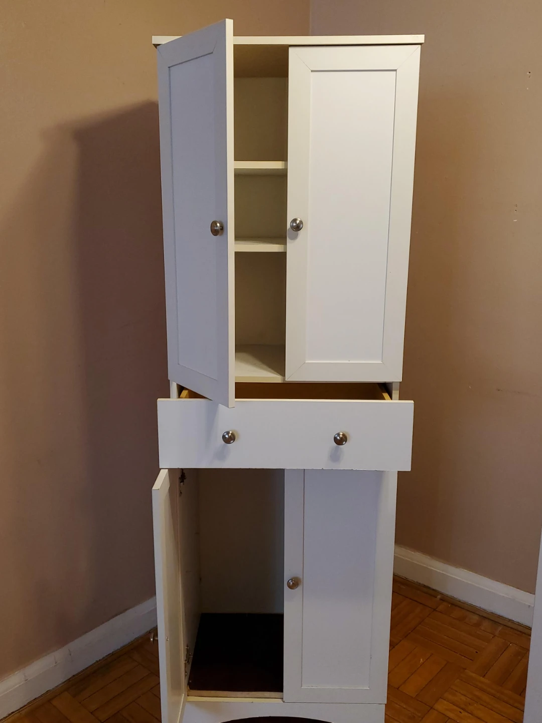 White Storage Cabinet with Drawers and Shelves