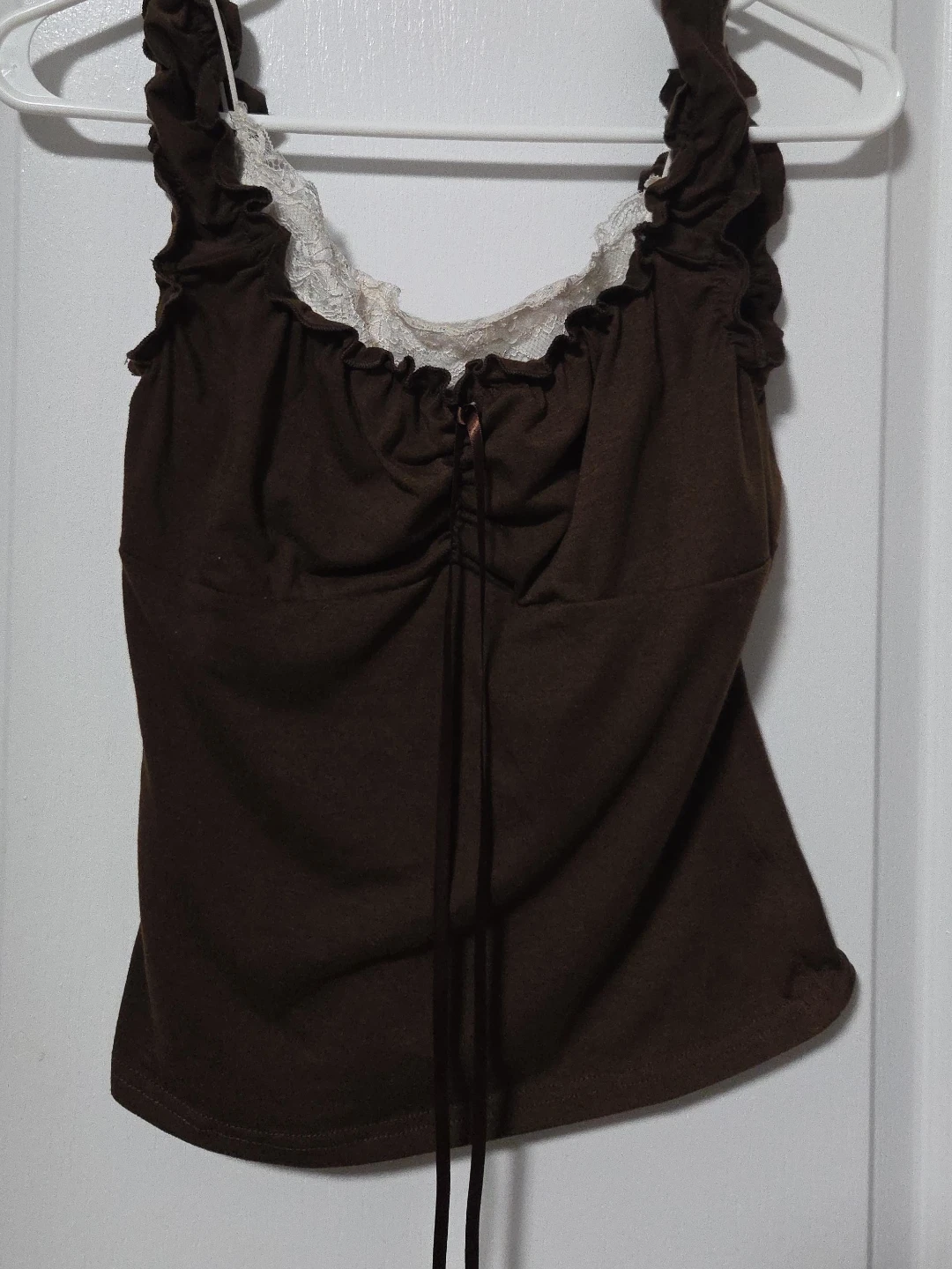Brown lace trim ruched top