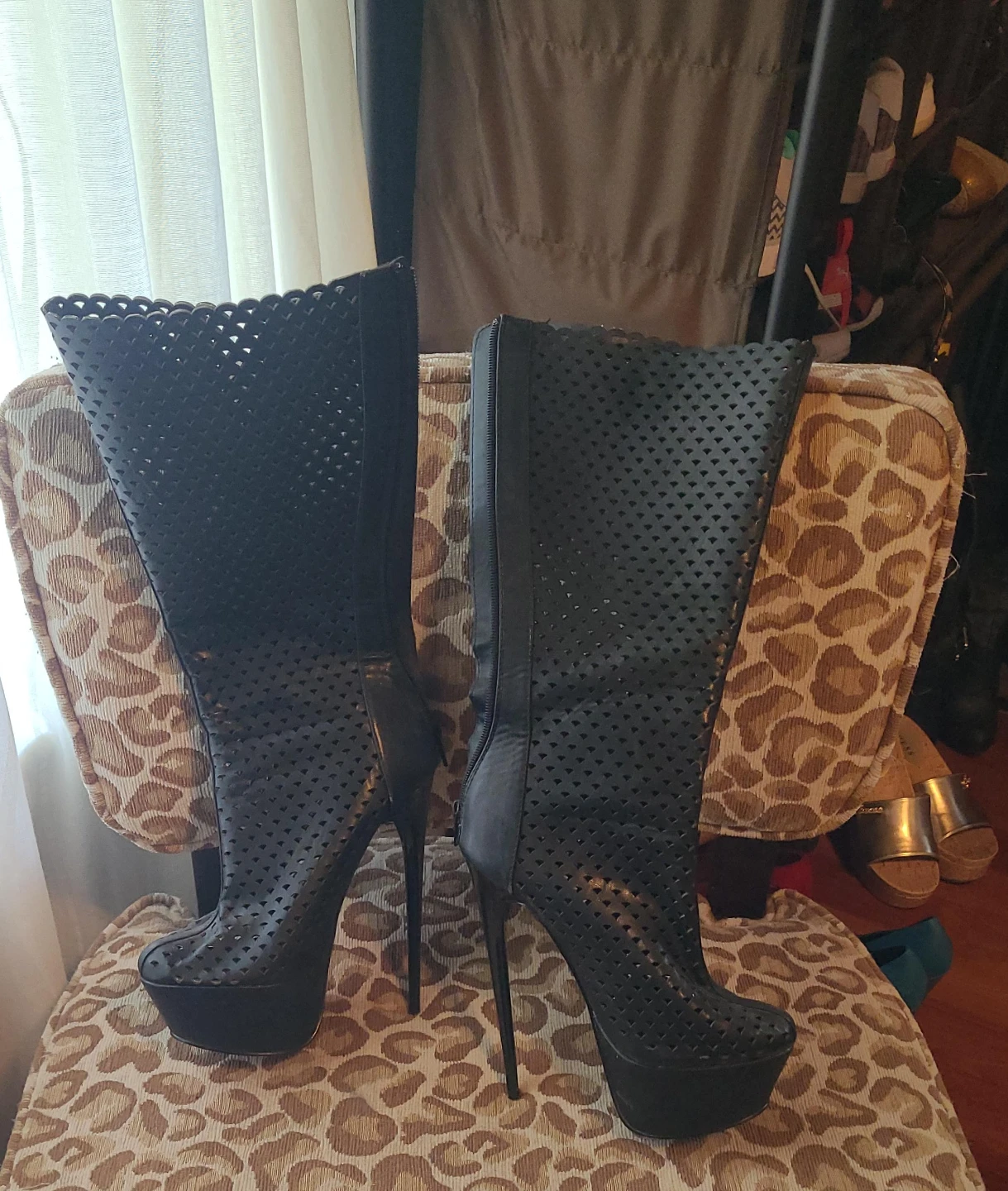 Black Perforated Platform Stiletto Boots