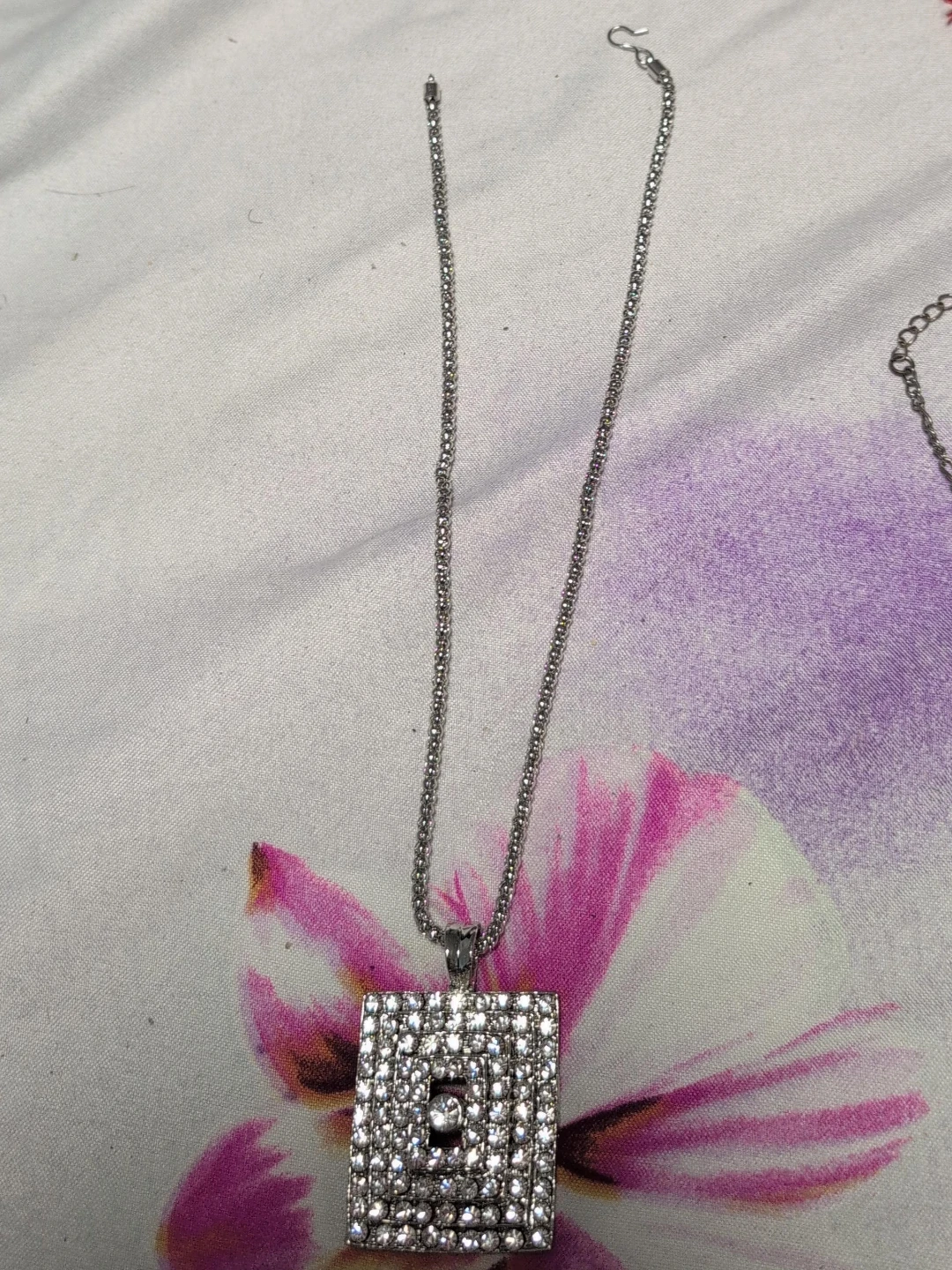 Silver-tone Square Pendant Necklace with Crystals