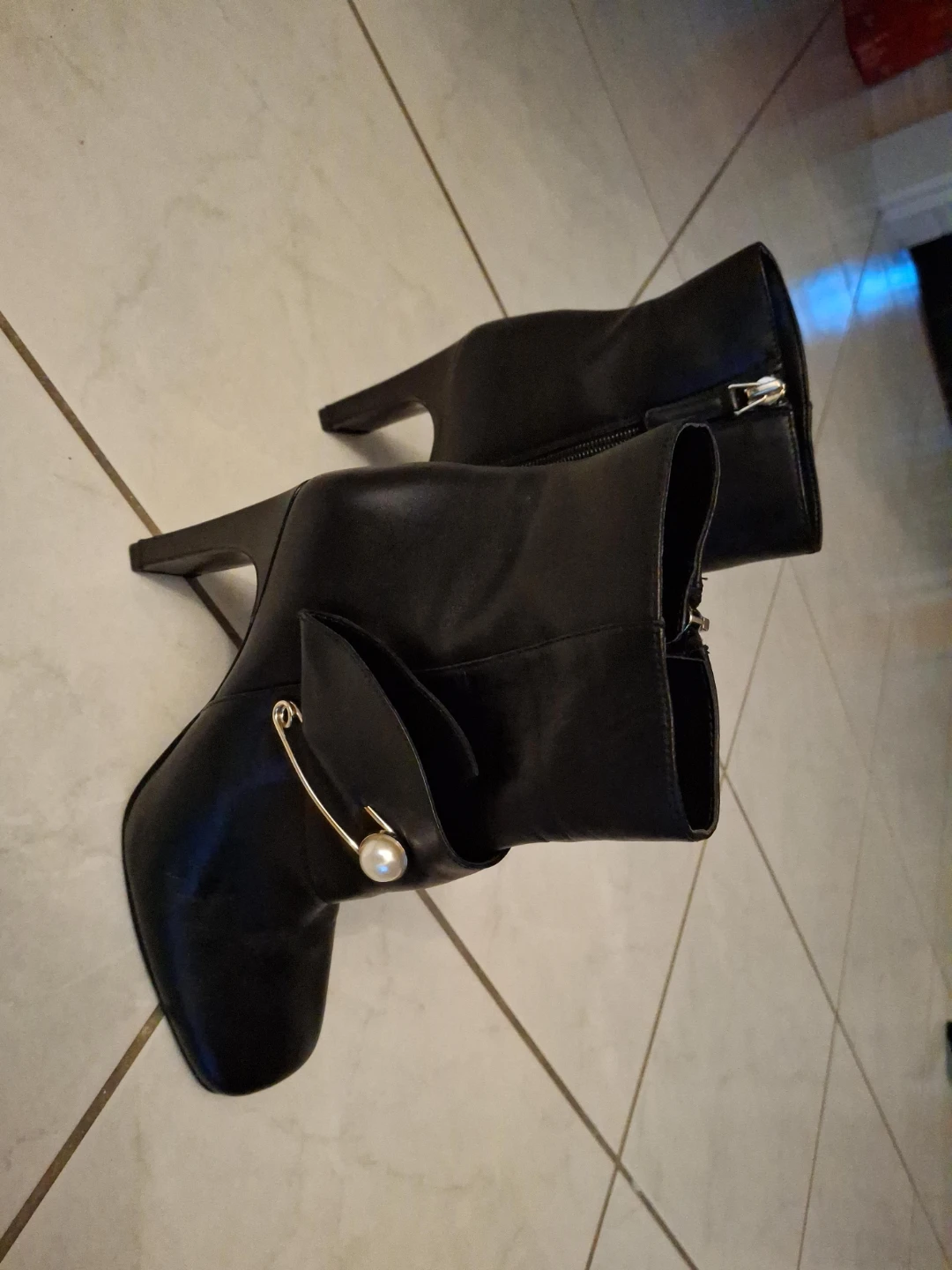 Black Leather Nine West Ankle Boots with Pearl Detail