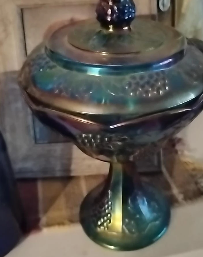 Iridescent Glass Footed Candy Dish with Lid