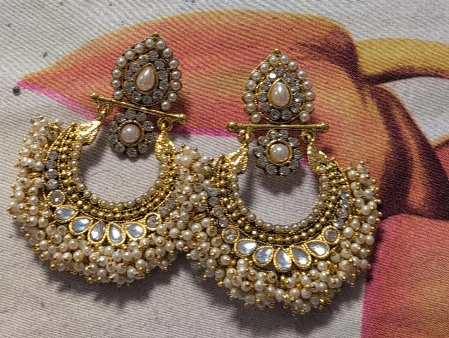 Gold-Tone Pearl and Stone Chandbali Earrings