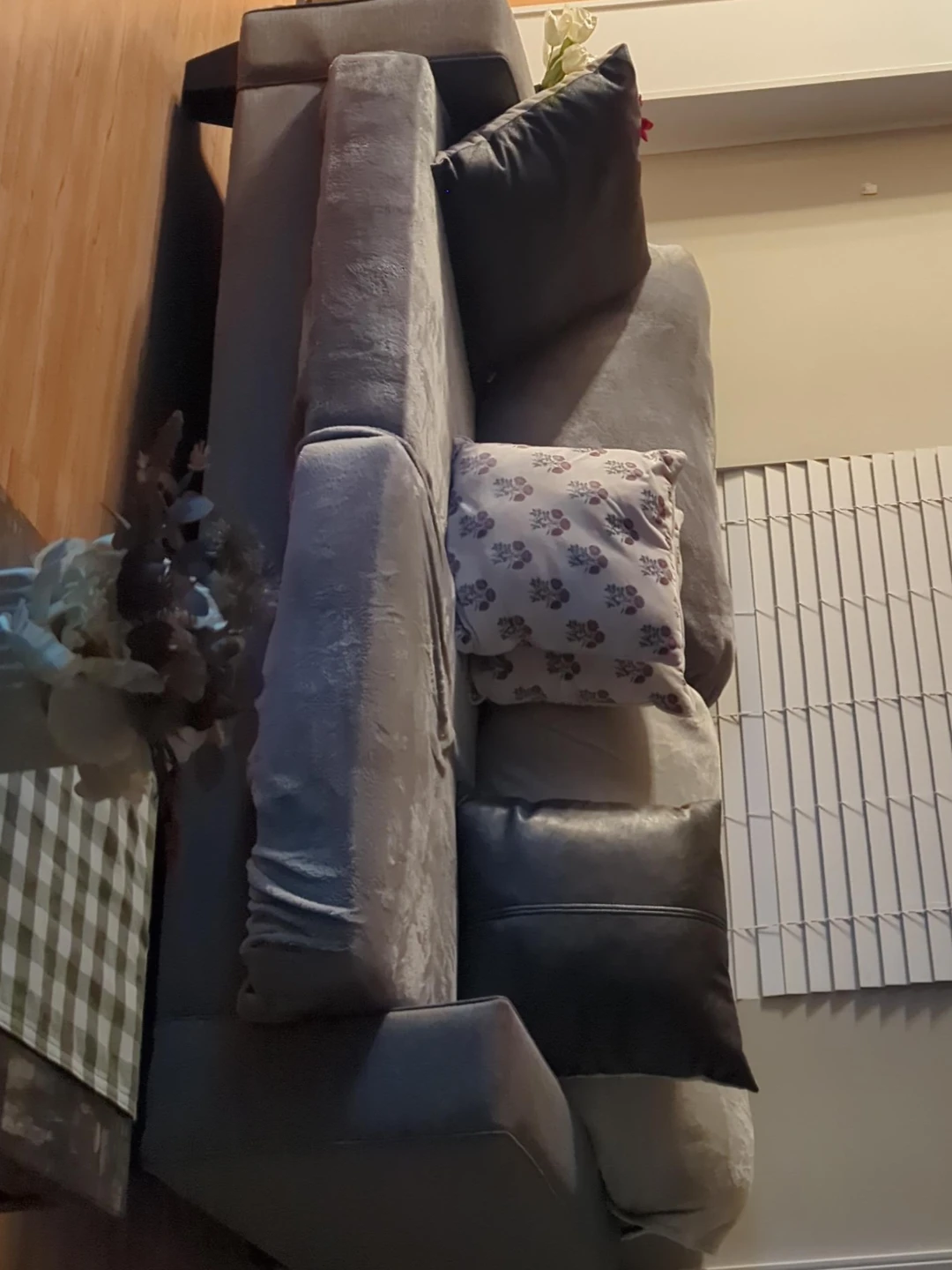 Grey Velour Sofa with Accent Pillows