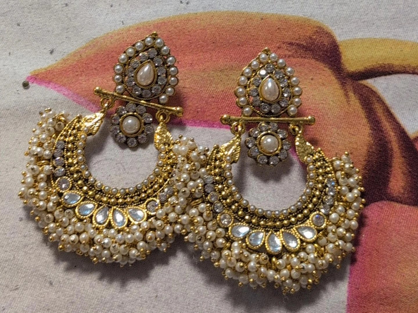 Gold Dangle Earrings with Pearls and Crystals