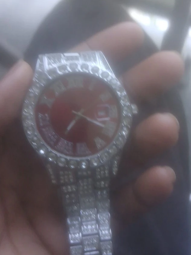 Men's Watch with Red Face and Rhinestone Bezel