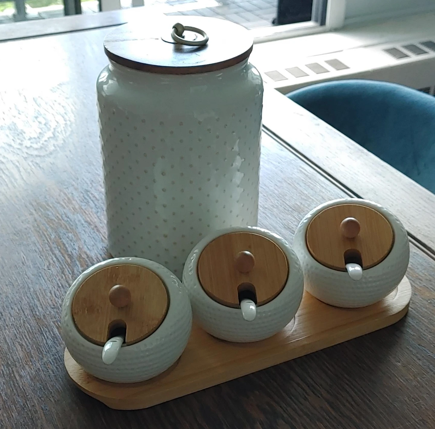 White Ceramic Canister Set with Bamboo Lids - photo 2