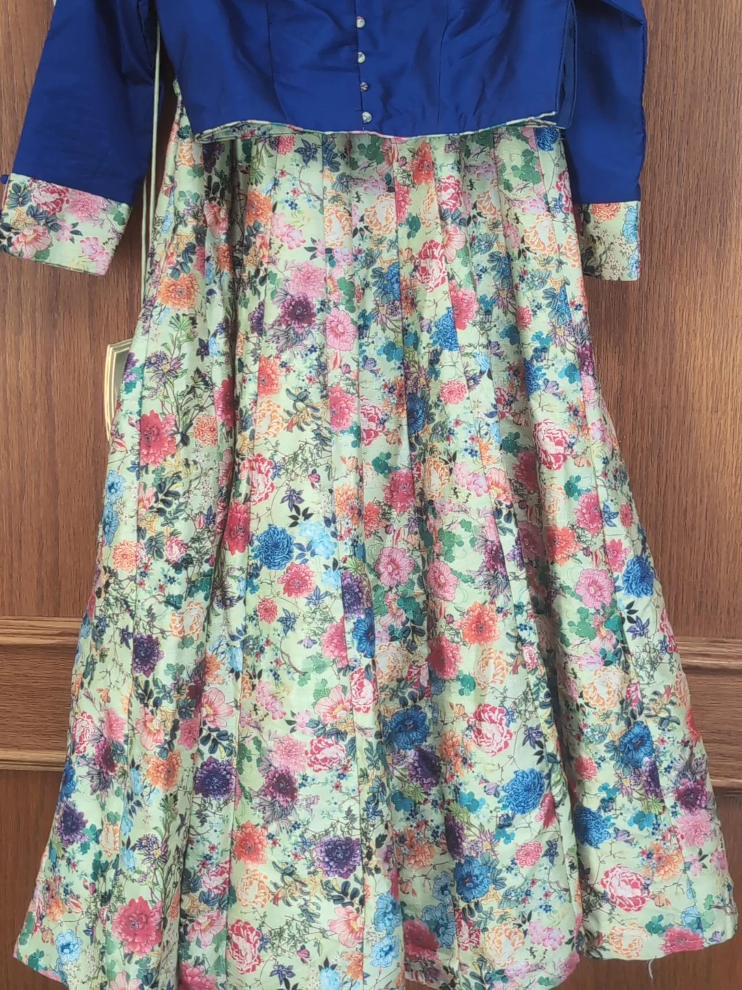 Blue Button-Up Top with Floral Pleated Skirt