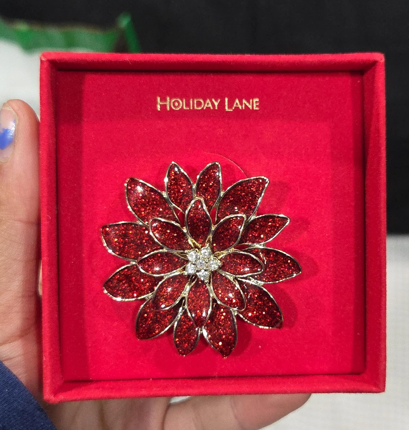 Holiday Lane Red Glitter Flower Brooch