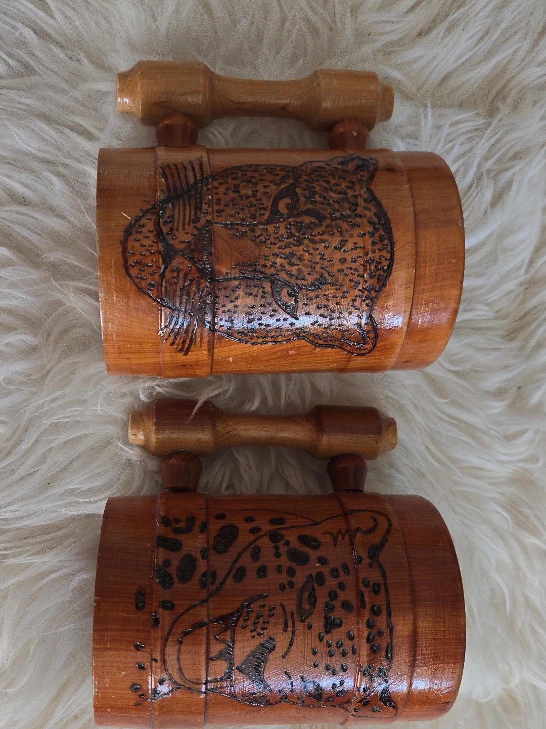 Set of 2 Wooden Mugs with Leopard Design