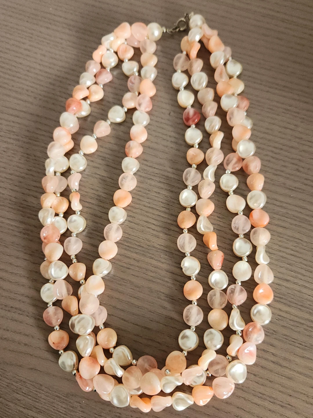 3-Strand Peach and White Beaded Necklace