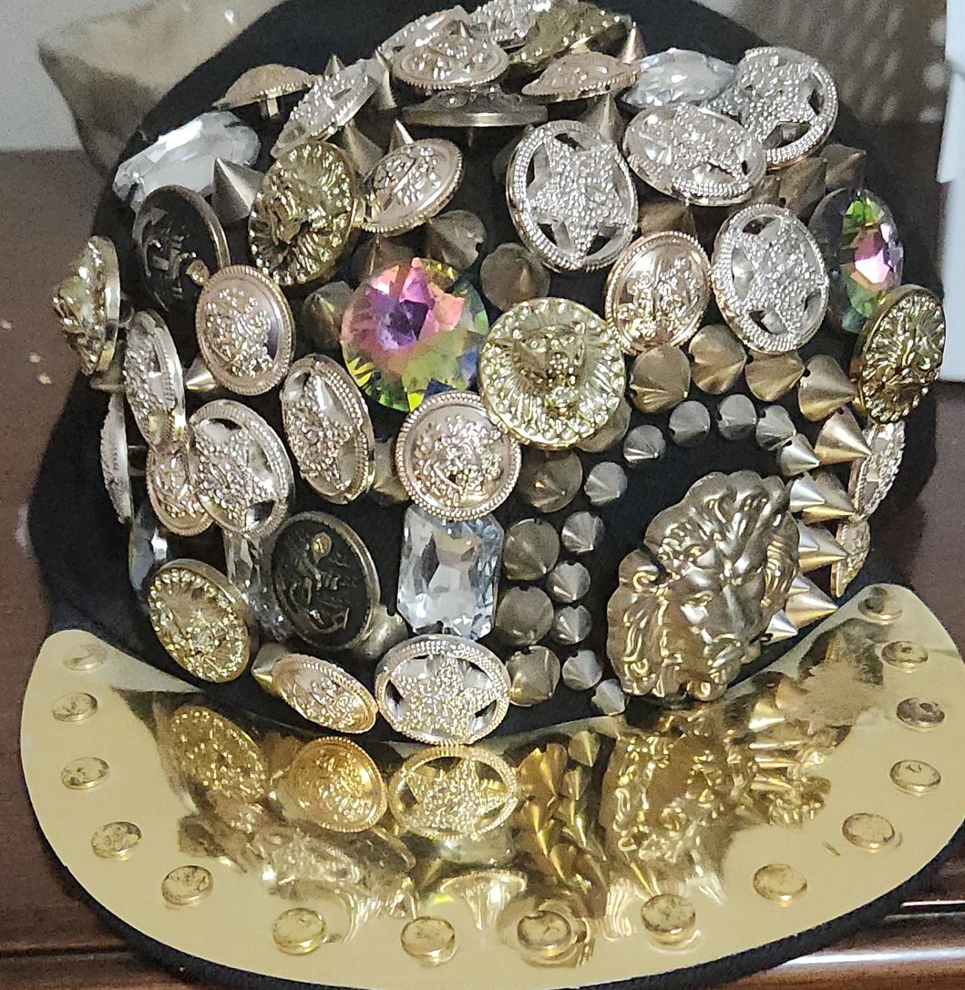 Custom Embellished Black Baseball Cap with Gold Visor