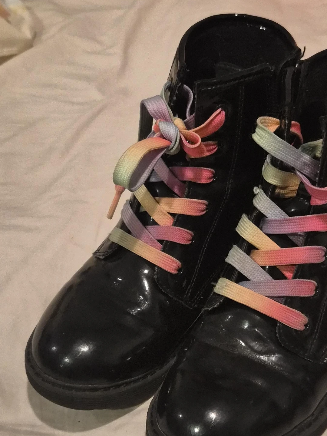 Black Patent Combat Boots with Rainbow Laces