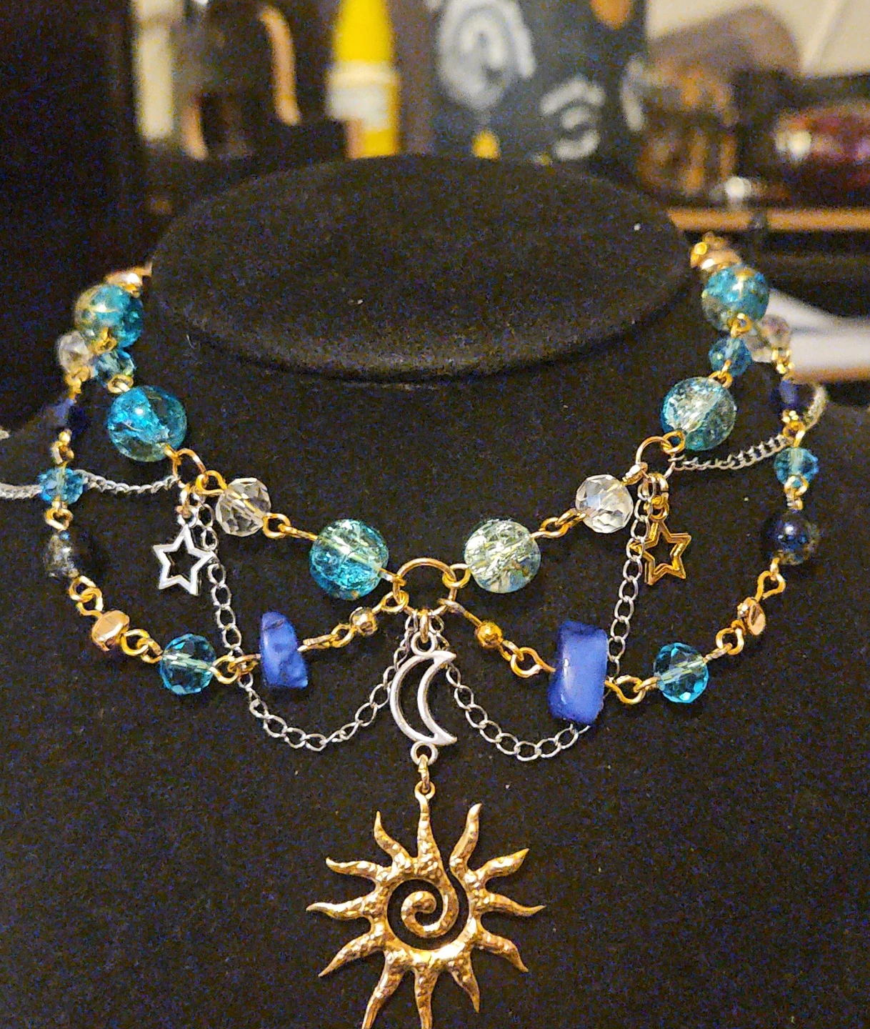 Celestial Beaded Necklace with Sun and Moon Charms