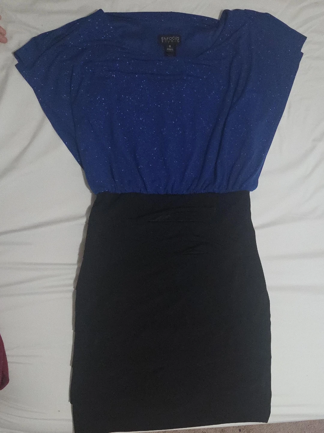 Enfocus Studio Blue Sparkle Top Black Skirt Dress