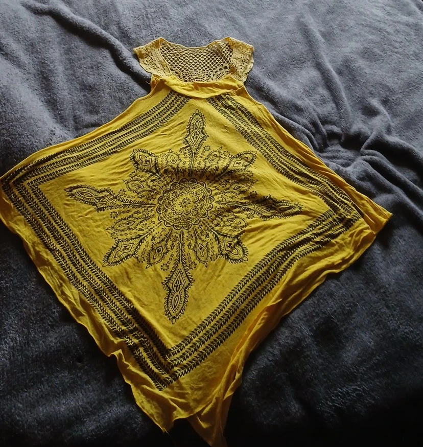 Yellow Poncho Top with Crochet Neckline