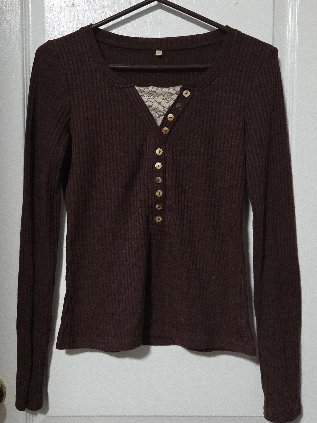 Brown Ribbed Long Sleeve Shirt with Lace V-Neck