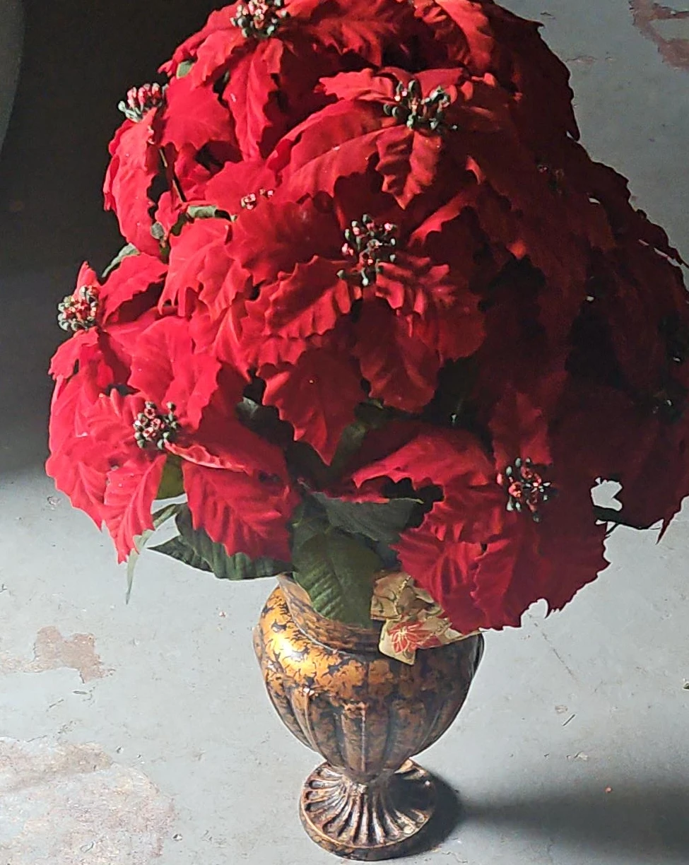 Artificial Red Poinsettia Arrangement in Decorative Urn