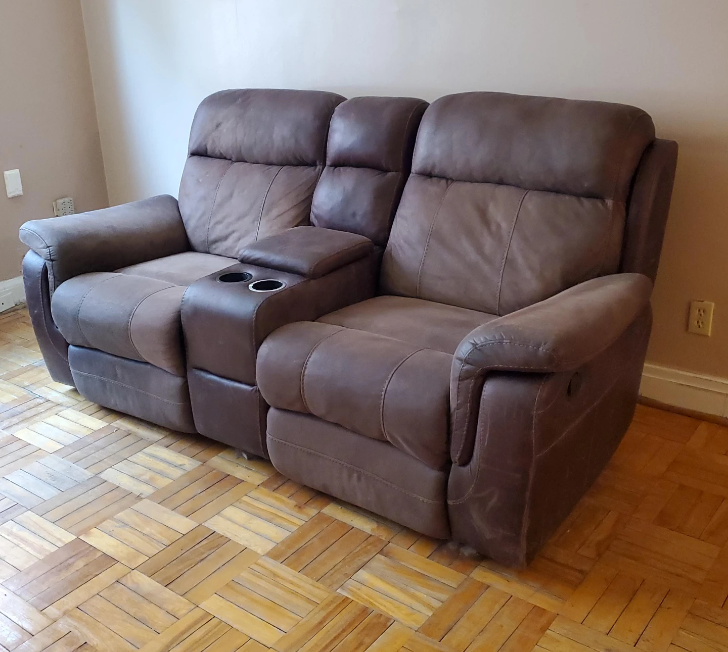 Brown Real Leather Double Recliner with Cup Holders