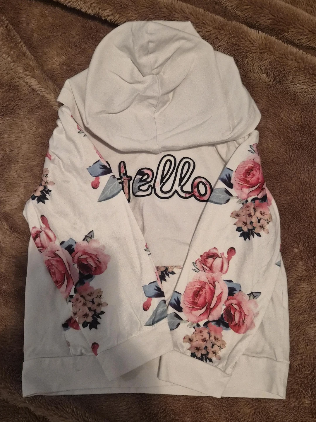 White Hoodie with Floral Print and "Hello" Graphic