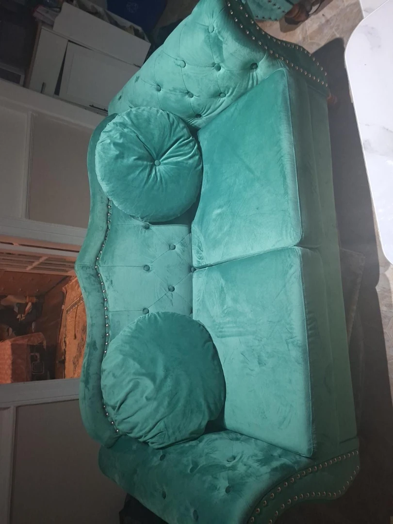 Teal Velvet Tufted Loveseat with Round Pillows