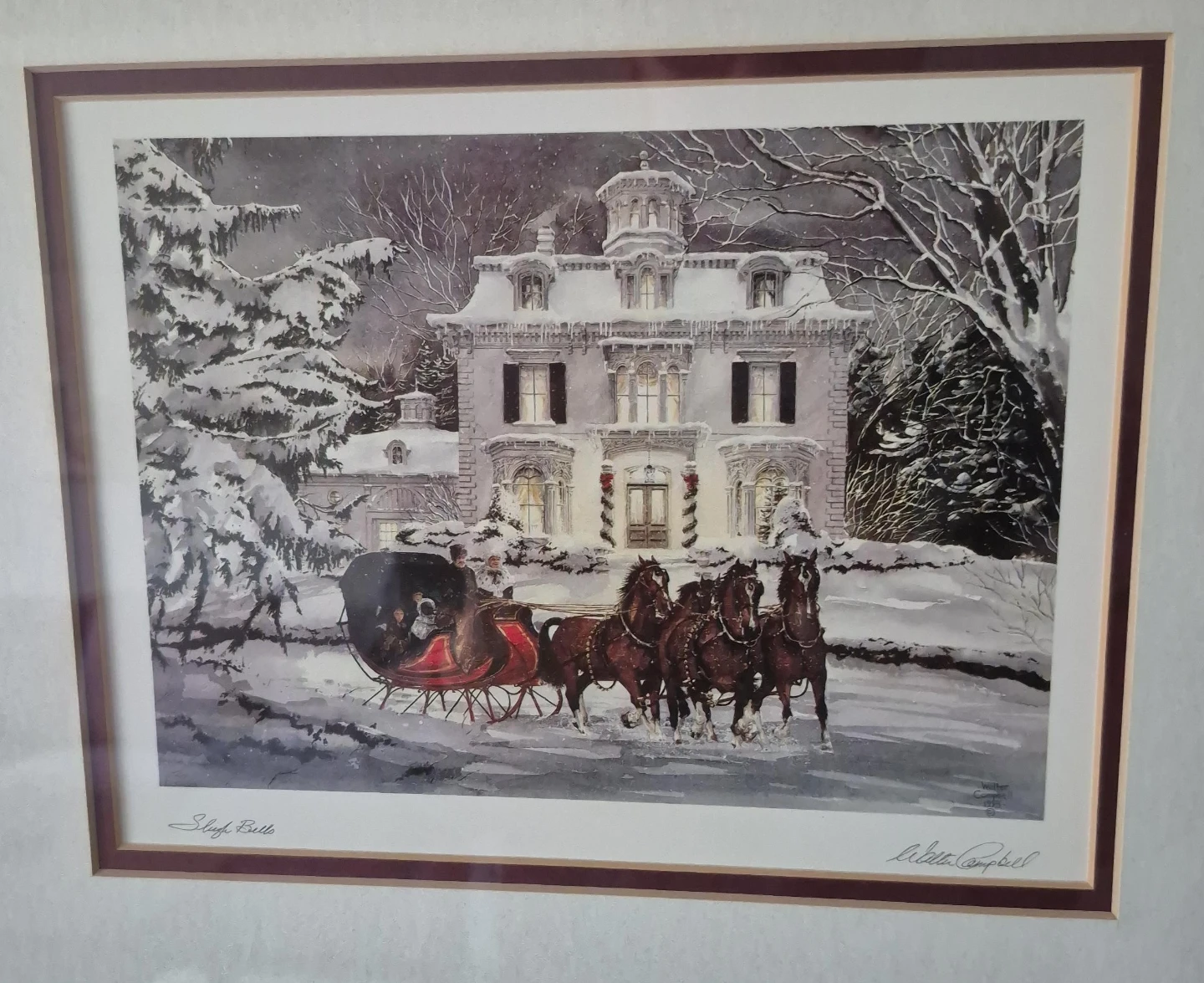 Sleigh Bells winter scene art print by Walter Campbell