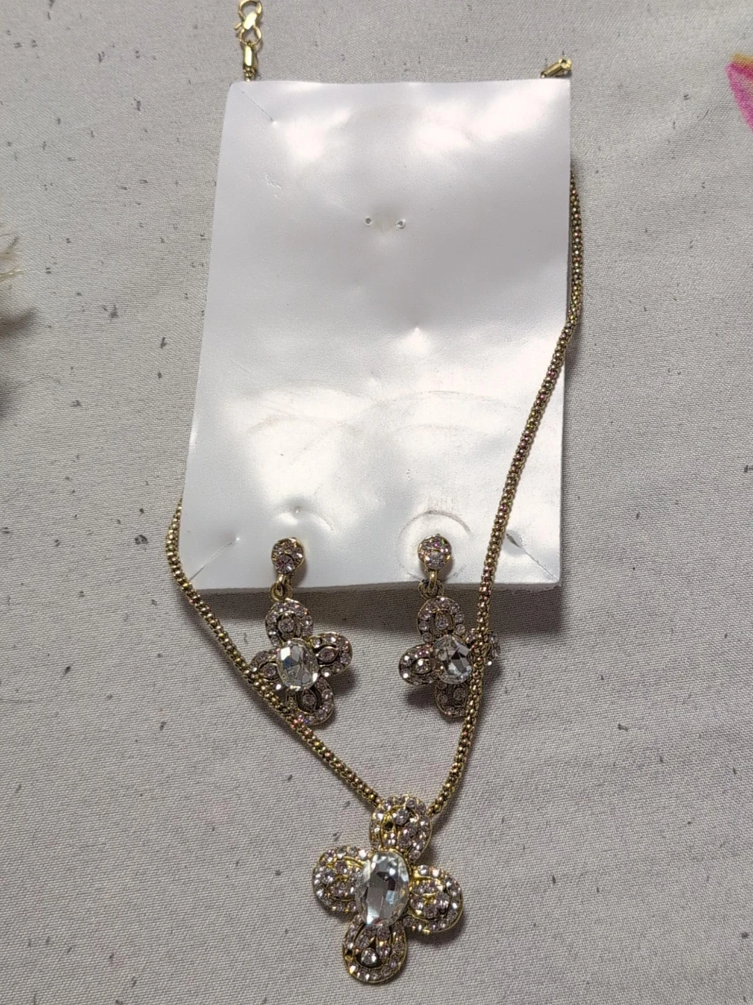 Gold-tone Rhinestone Flower Necklace and Earring Set