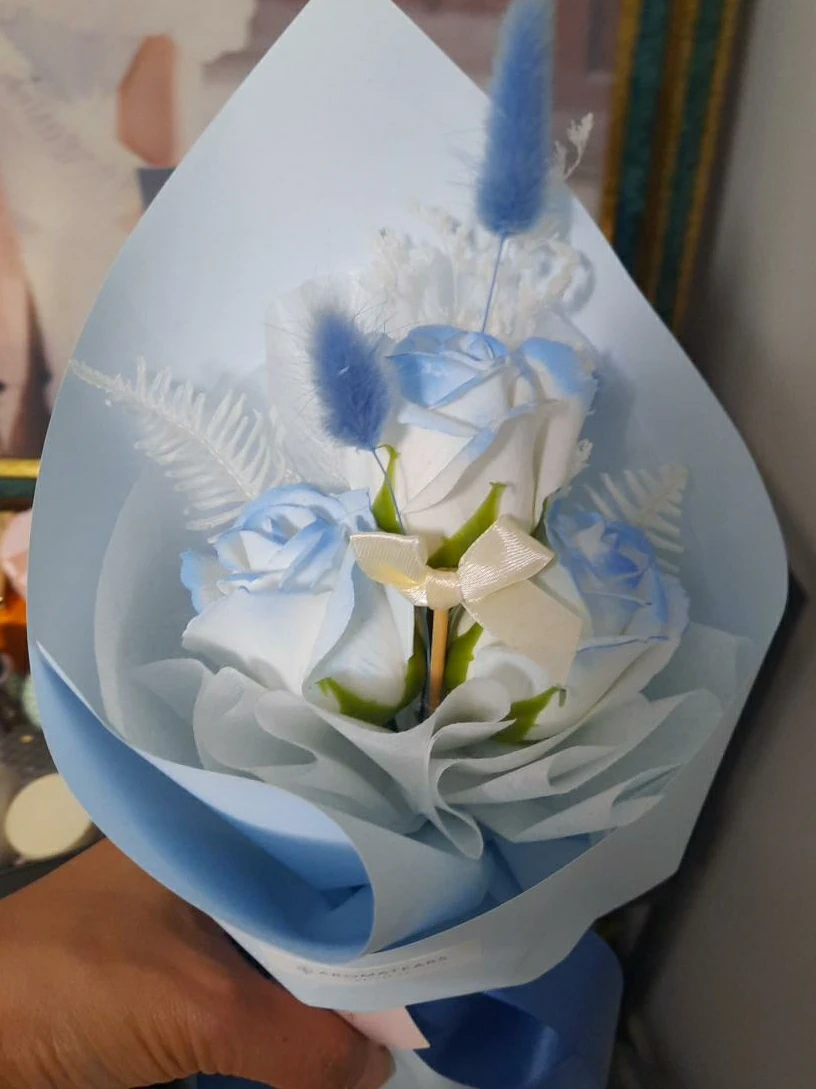 Soap Flower Bouquet with Blue and White Roses