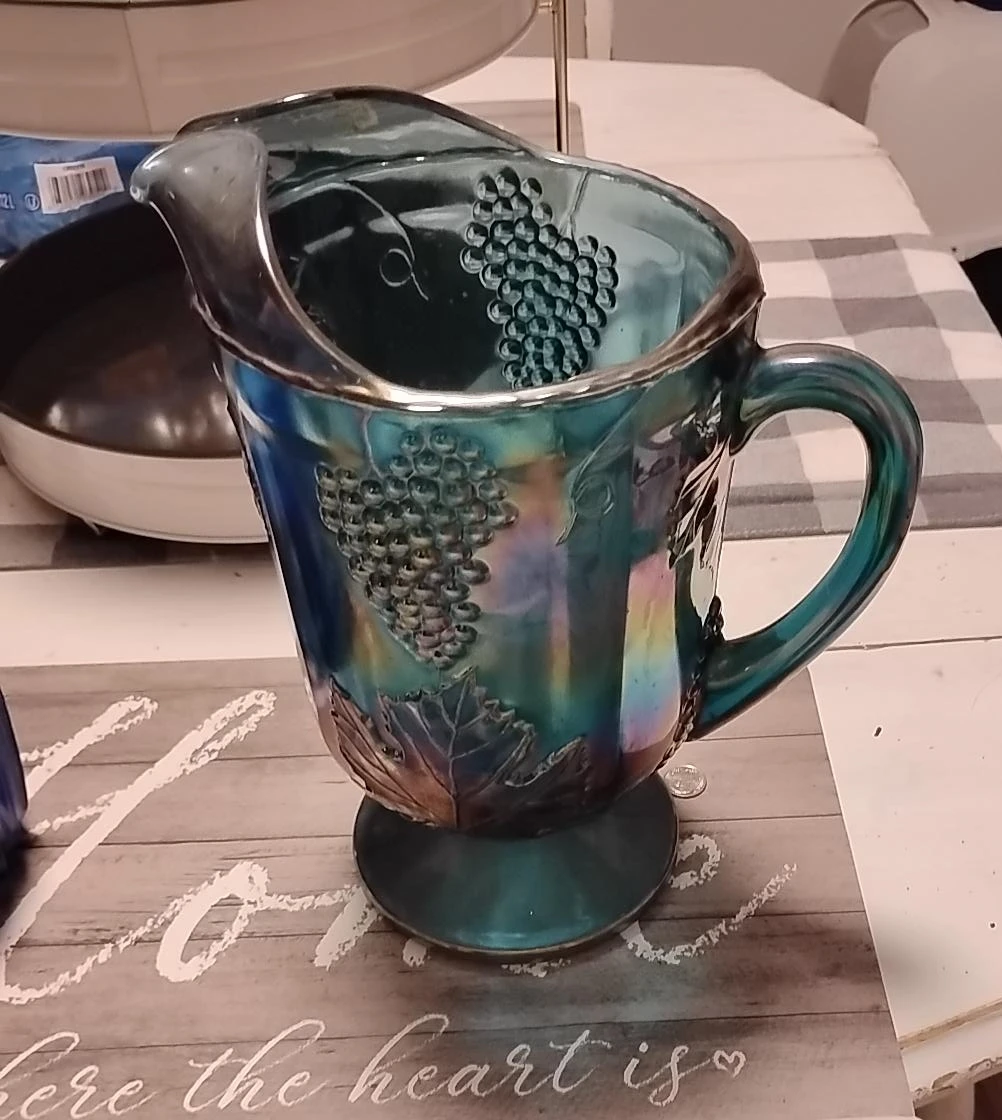 Iridescent Glass Pitcher with Grape Design