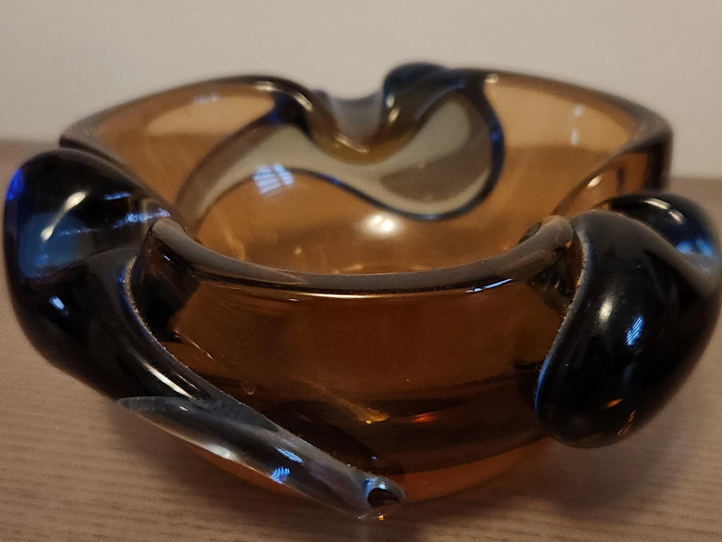 Amber and Blue Swirl Glass Ashtray