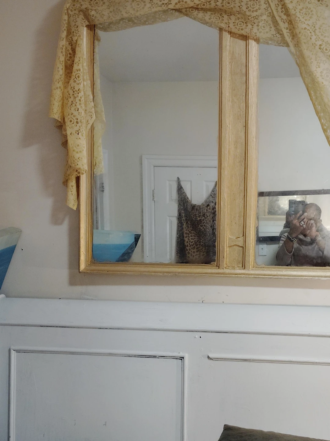 Vintage Cream Carved Mirror with Lace Drape