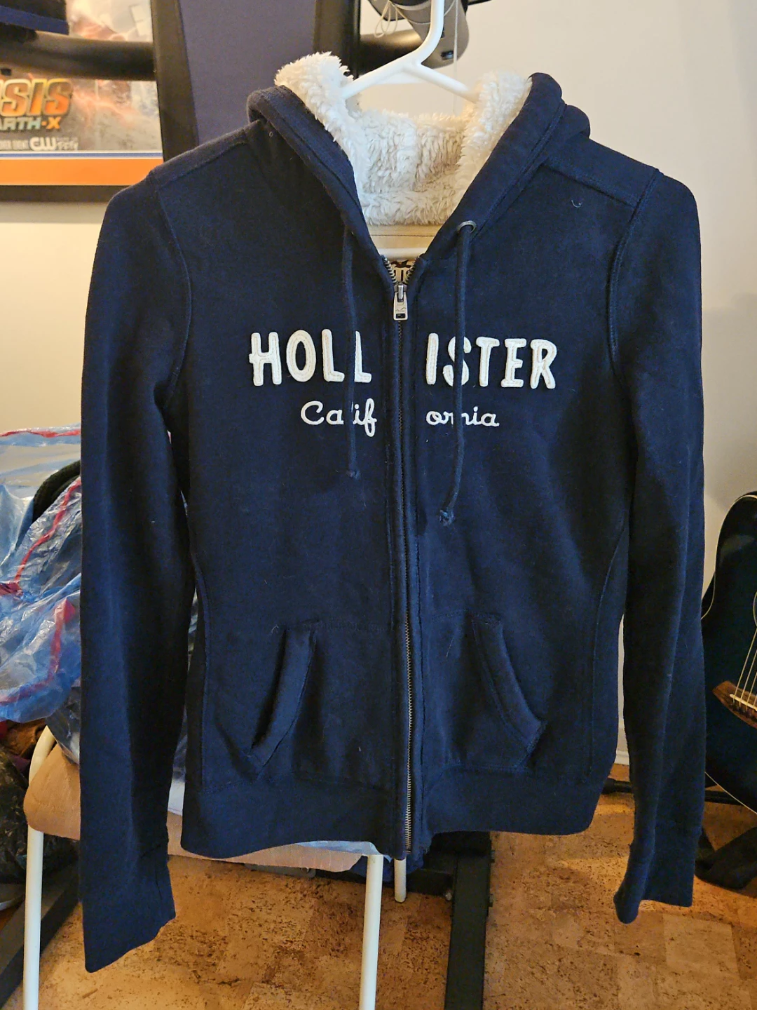 Hollister Navy Blue Sherpa Lined Hoodie - Size S