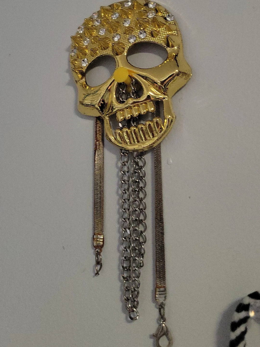 Gold Skull Pin with Rhinestones and Chains