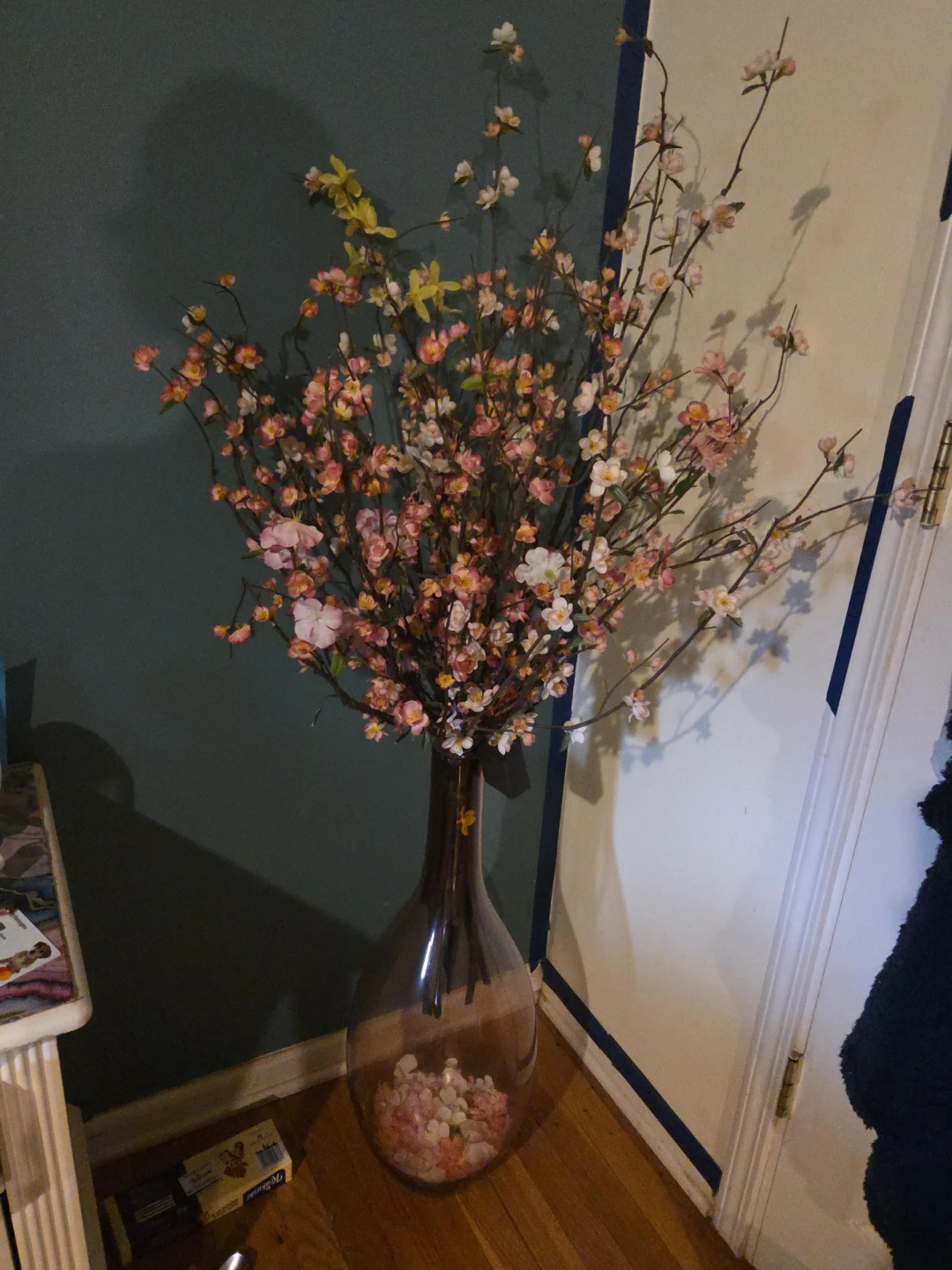 Large Glass Vase with Cherry Blossom Artificial Flowers