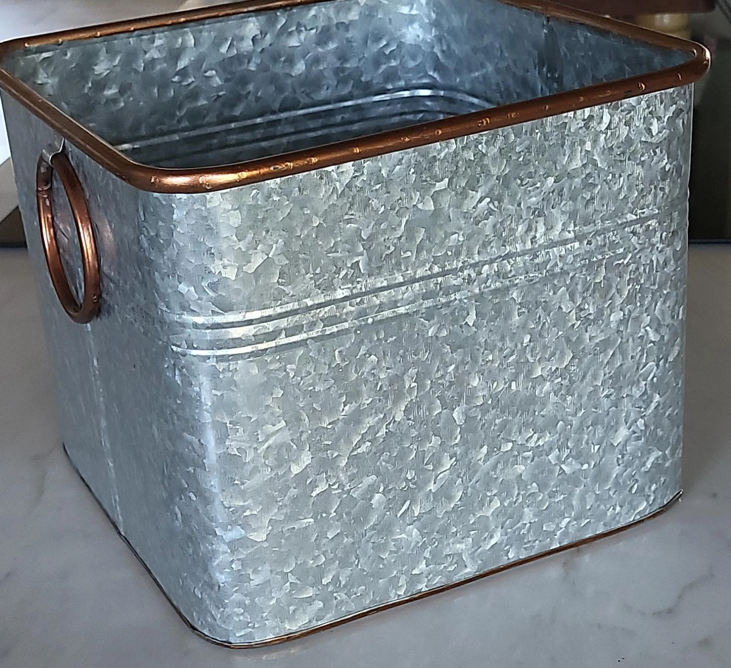Galvanized Metal Storage Bin with Copper Trim