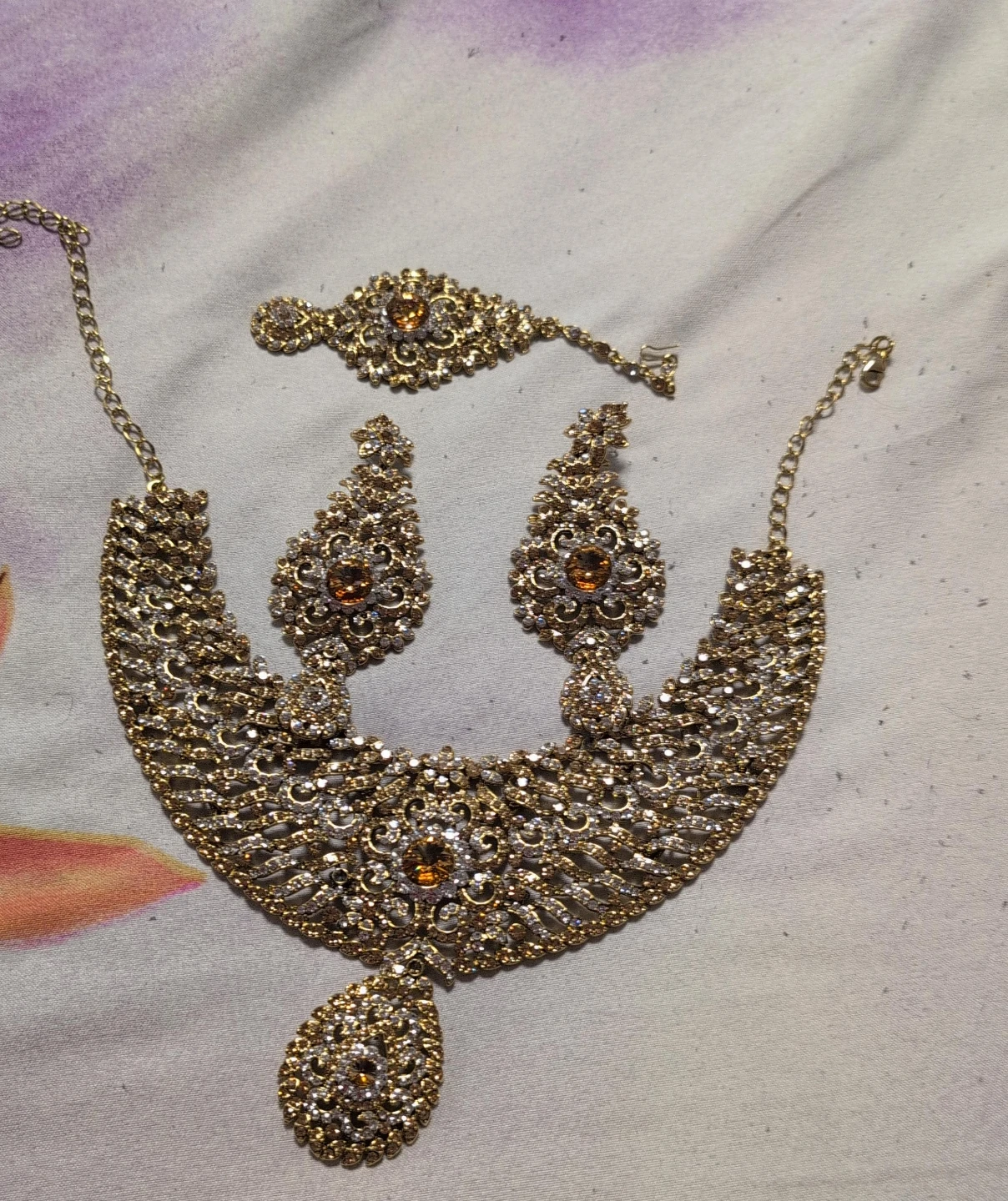 Gold Tone Statement Necklace and Earrings Set with Brown Stones