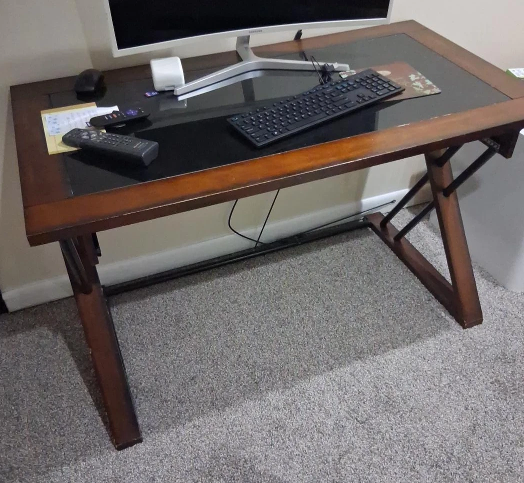 Wooden Desk with Black Glass Top